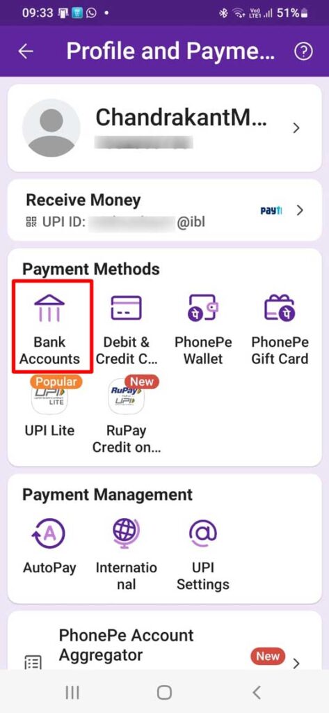 phonepe profile and payment page
