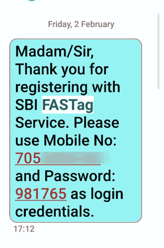 fastag portal registration SMS